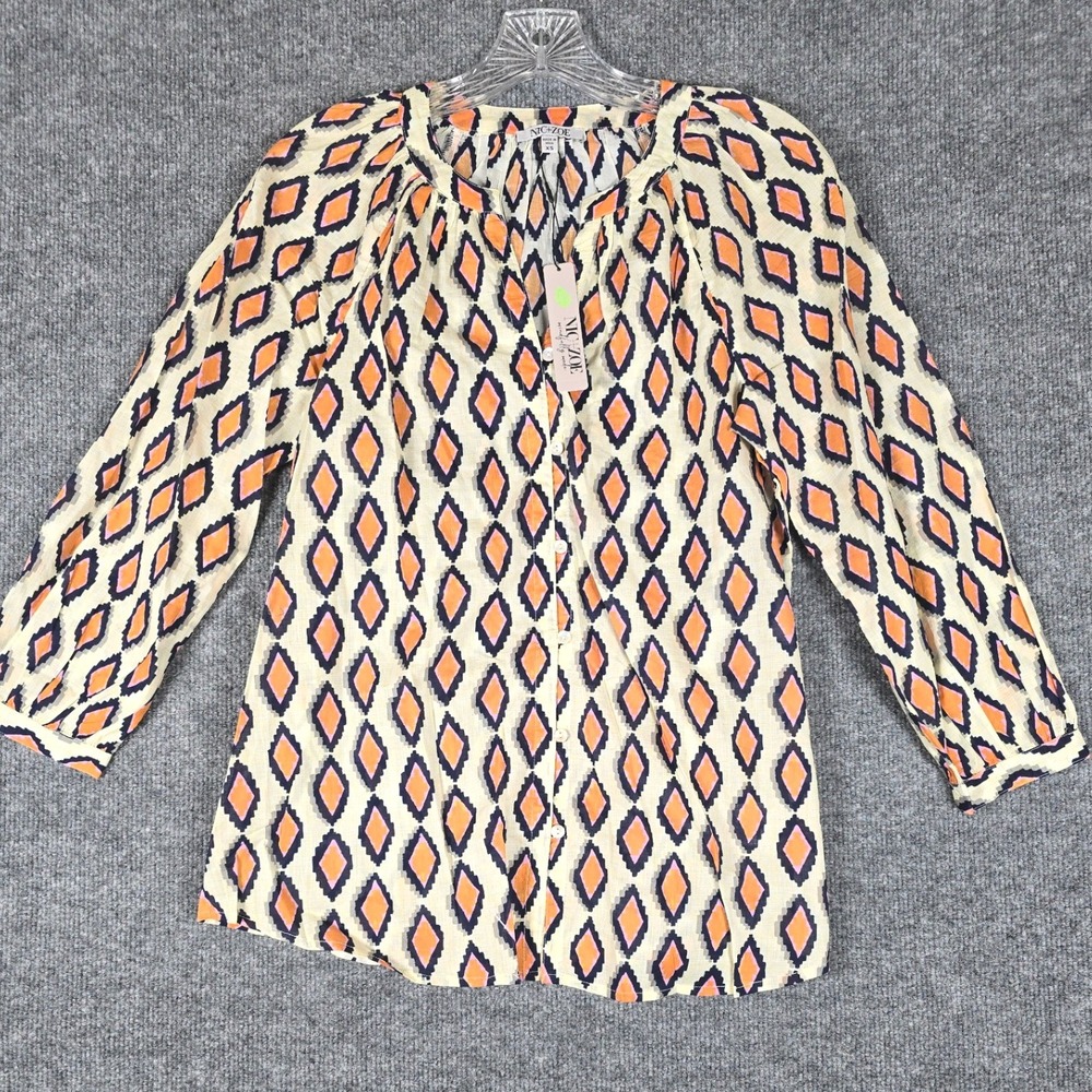 NIC+ZOE Orange Multi Diamond Print Gauze Tunic Top XS Responsibly Sourced Cotton